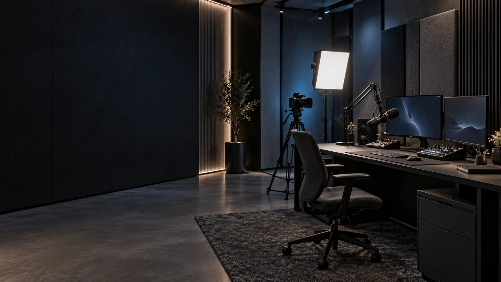 Creator studio concept with a camera, microphone and editing equipment